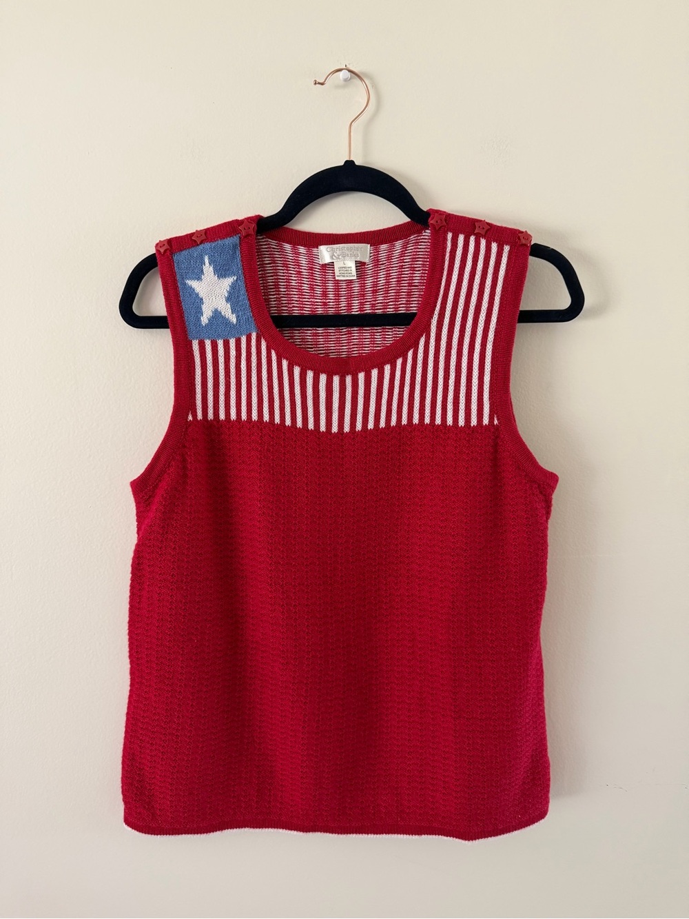 90s Vintage Red Star American Cottage Peasant Coastal Knit Sleeveless Top Large
